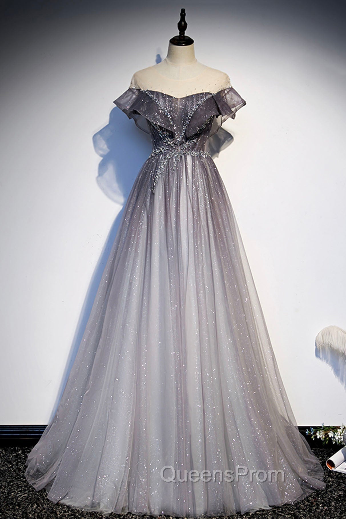 Gray Scoop Neckline Tulle Long Evening Dress, A-Line Evening Graduation Dress Main image