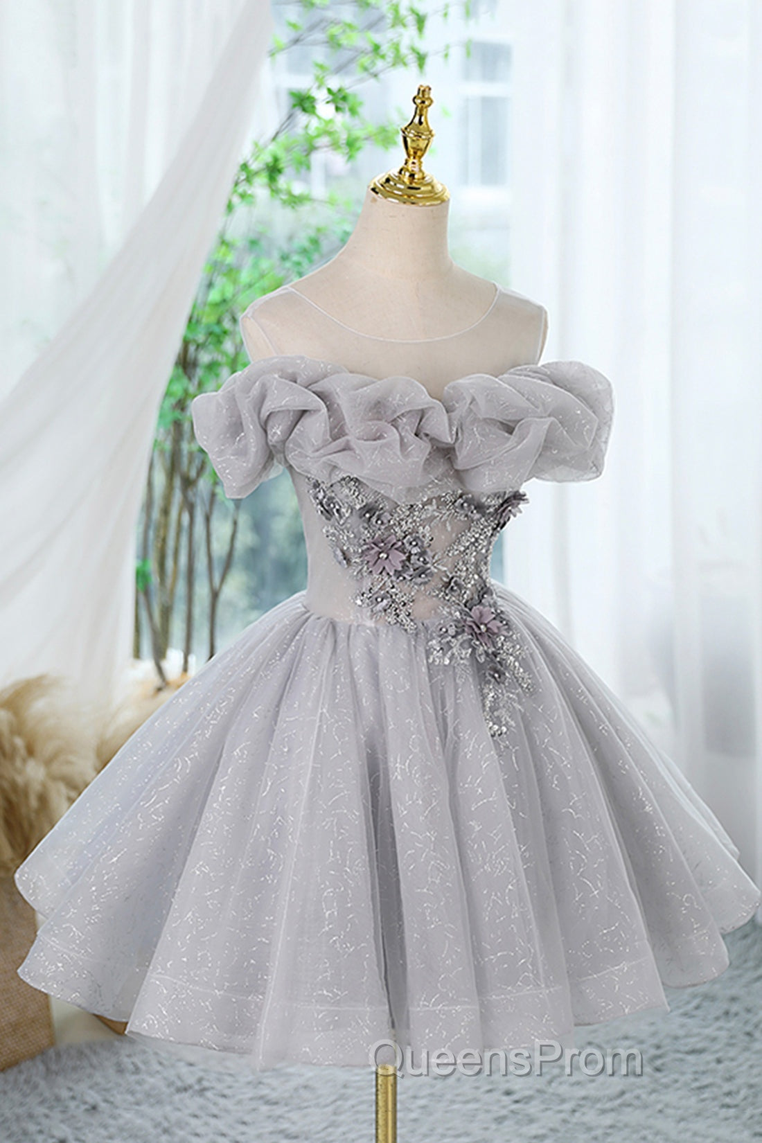 Gray Scoop Neckline Tulle Sequins Short Evening Prom Dress, A-Line Off The Shoulder Evening Party Dress Secondary image