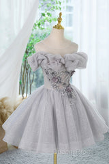 Gray Scoop Neckline Tulle Sequins Short Evening Prom Dress, A-Line Off The Shoulder Evening Party Dress