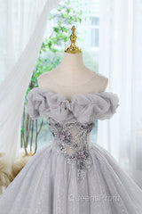 Gray Scoop Neckline Tulle Sequins Short Evening Prom Dress, A-Line Off The Shoulder Evening Party Dress
