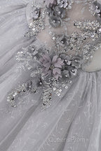 Gray Scoop Neckline Tulle Sequins Short Evening Prom Dress, A-Line Off The Shoulder Evening Party Dress