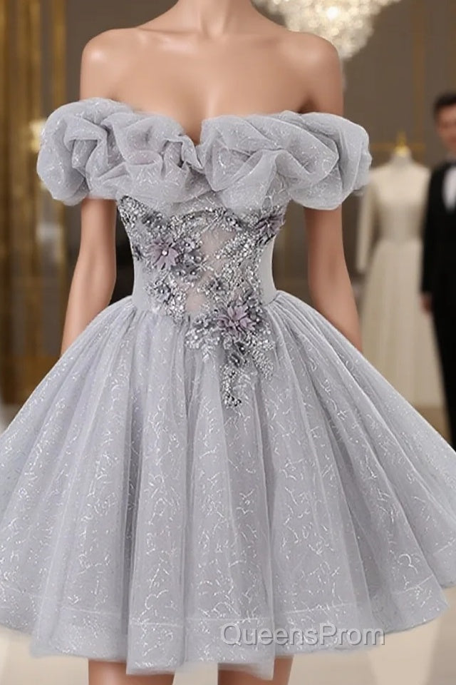 Gray Scoop Neckline Tulle Sequins Short Evening Prom Dress, A-Line Off The Shoulder Evening Party Dress Main image