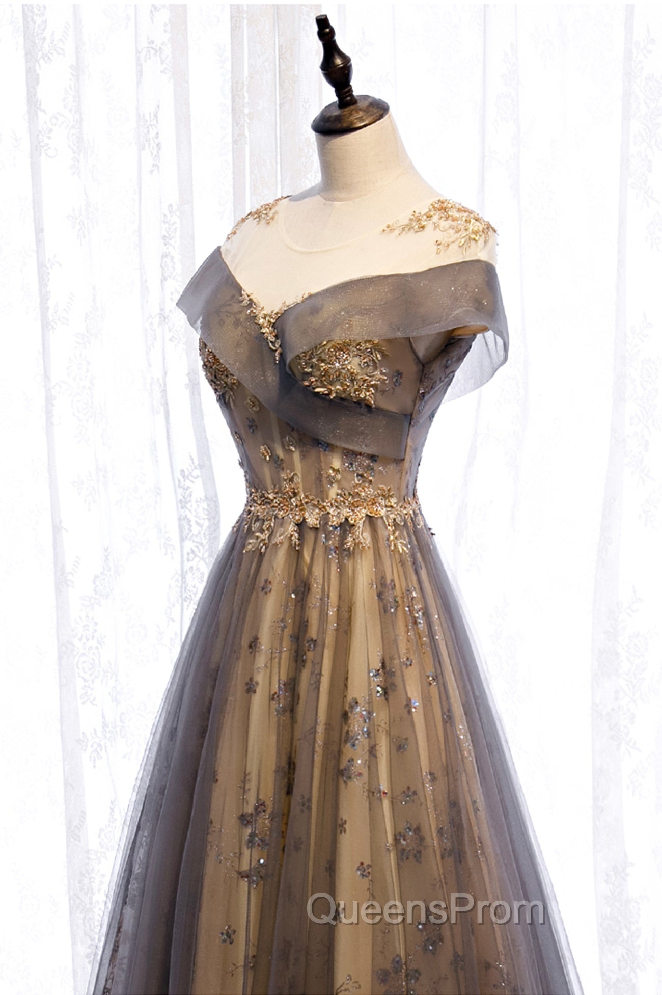 Gray Scoop Tulle Sequins Long Evening Prom Dress, A-Line Evening Party Dress Secondary image