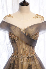 Gray Scoop Tulle Sequins Long Evening Prom Dress, A-Line Evening Party Dress