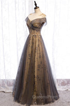 Gray Scoop Tulle Sequins Long Evening Prom Dress, A-Line Evening Party Dress
