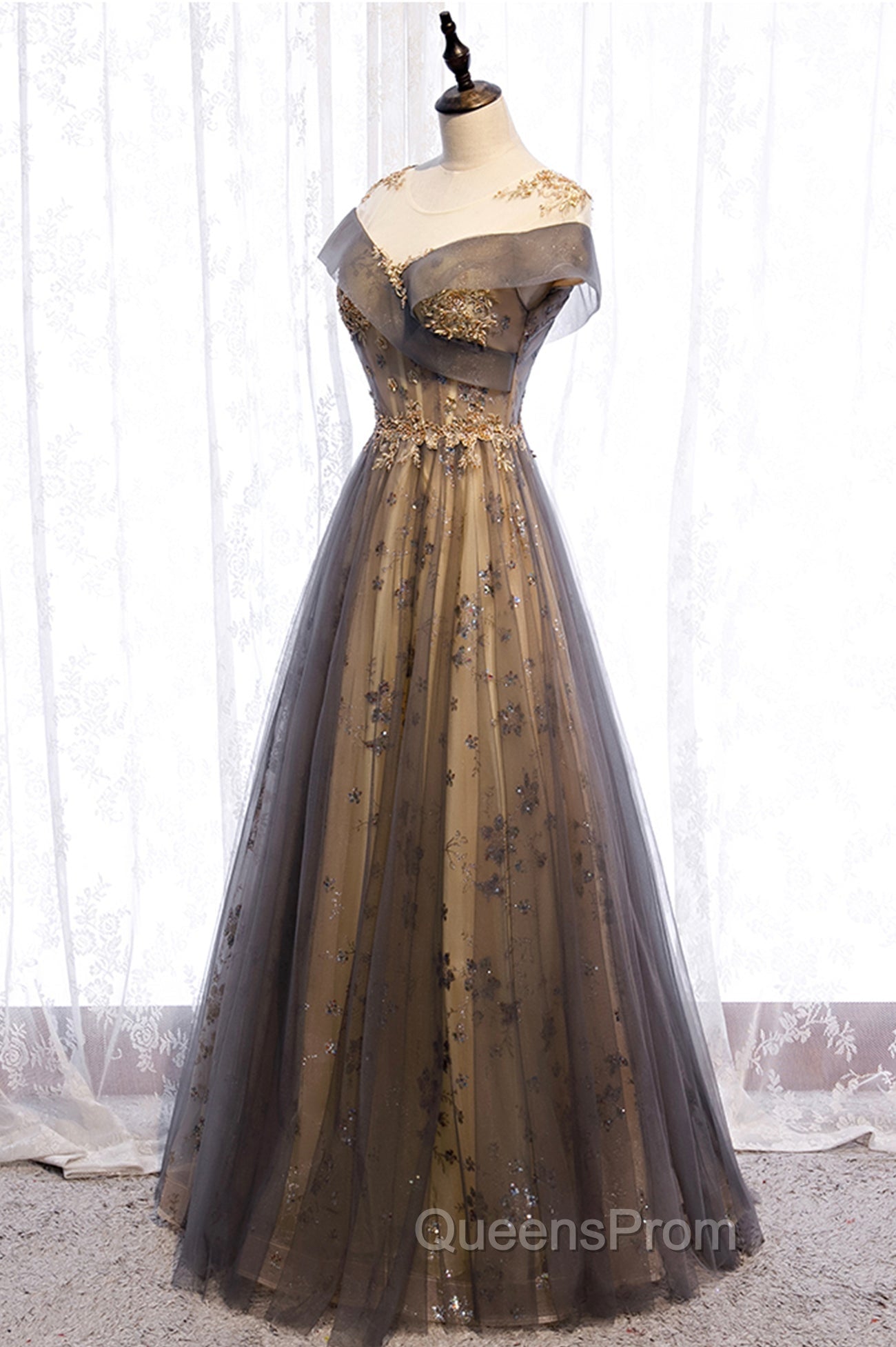 Gray Scoop Tulle Sequins Long Evening Prom Dress, A-Line Evening Party Dress