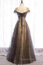 Gray Scoop Tulle Sequins Long Evening Prom Dress, A-Line Evening Party Dress