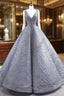Gray Sequins Pearls V-neck Sleeveless Evening Prom Dress