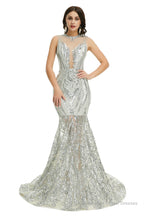 Sequins Sleeveless Floor Length Crew Neck Prom Dresses