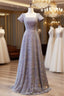 Gray Sequins Square Short Sleeve Evening Prom Dress