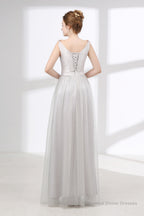 Gray Silver V Neck Tulle Prom Dresses