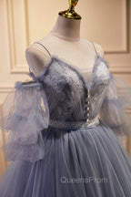 Gray Spaghetti Strap Lace Long Evening Prom Dress, Off the Shoulder Evening Party Dress