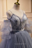 Gray Spaghetti Strap Lace Long Evening Prom Dress, Off the Shoulder Evening Party Dress