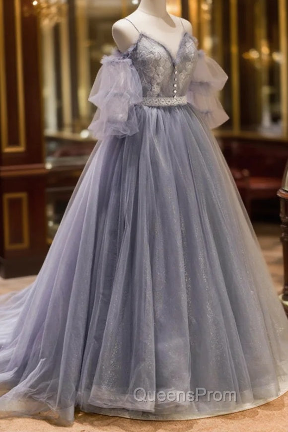 Gray Spaghetti Strap Lace Long Evening Prom Dress, Off the Shoulder Evening Party Dress
