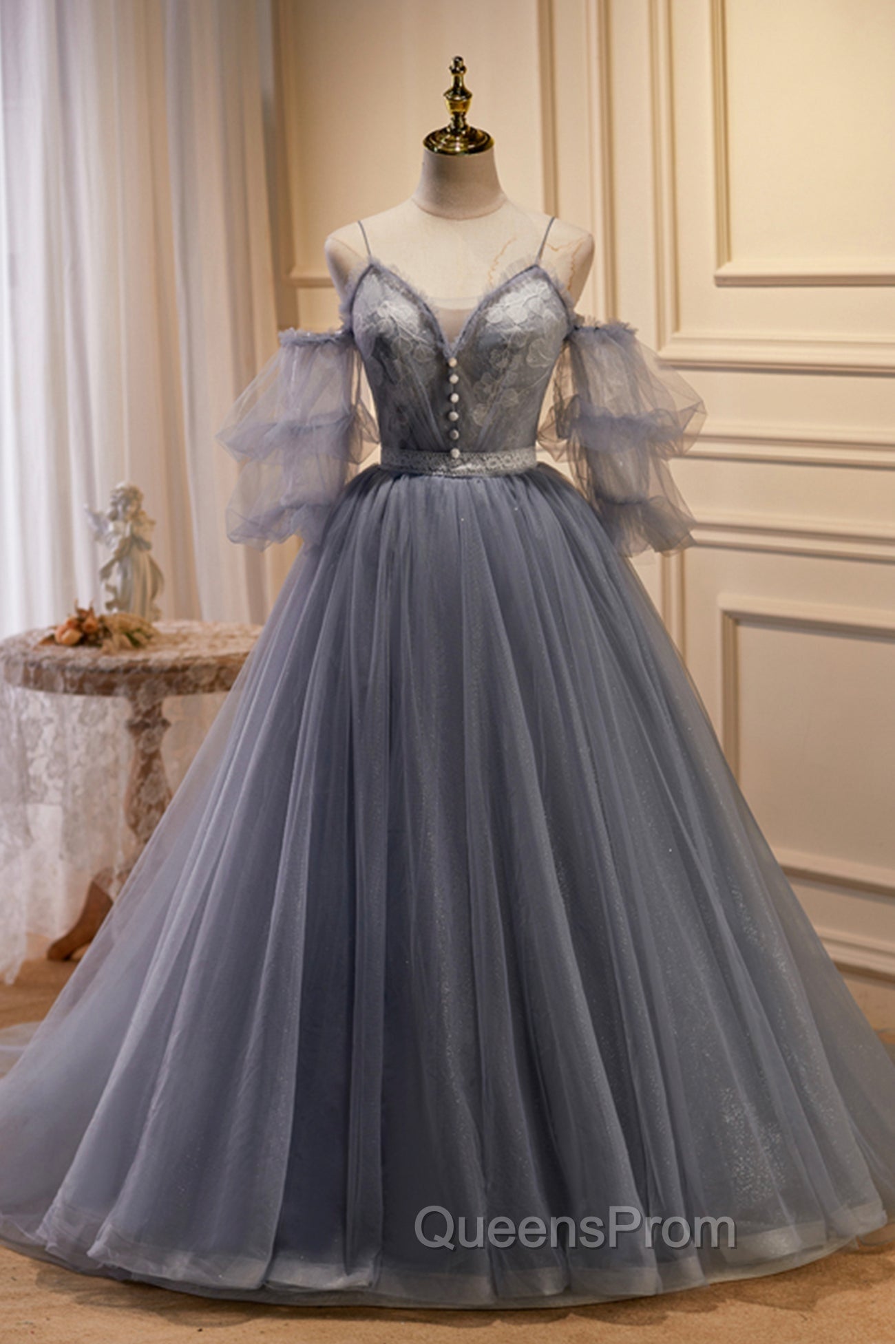 Gray Spaghetti Strap Lace Long Evening Prom Dress, Off the Shoulder Evening Party Dress Main image