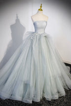 Gray Strapless Long Evening Dress, Gray Tulle Evening Dress Party Dress