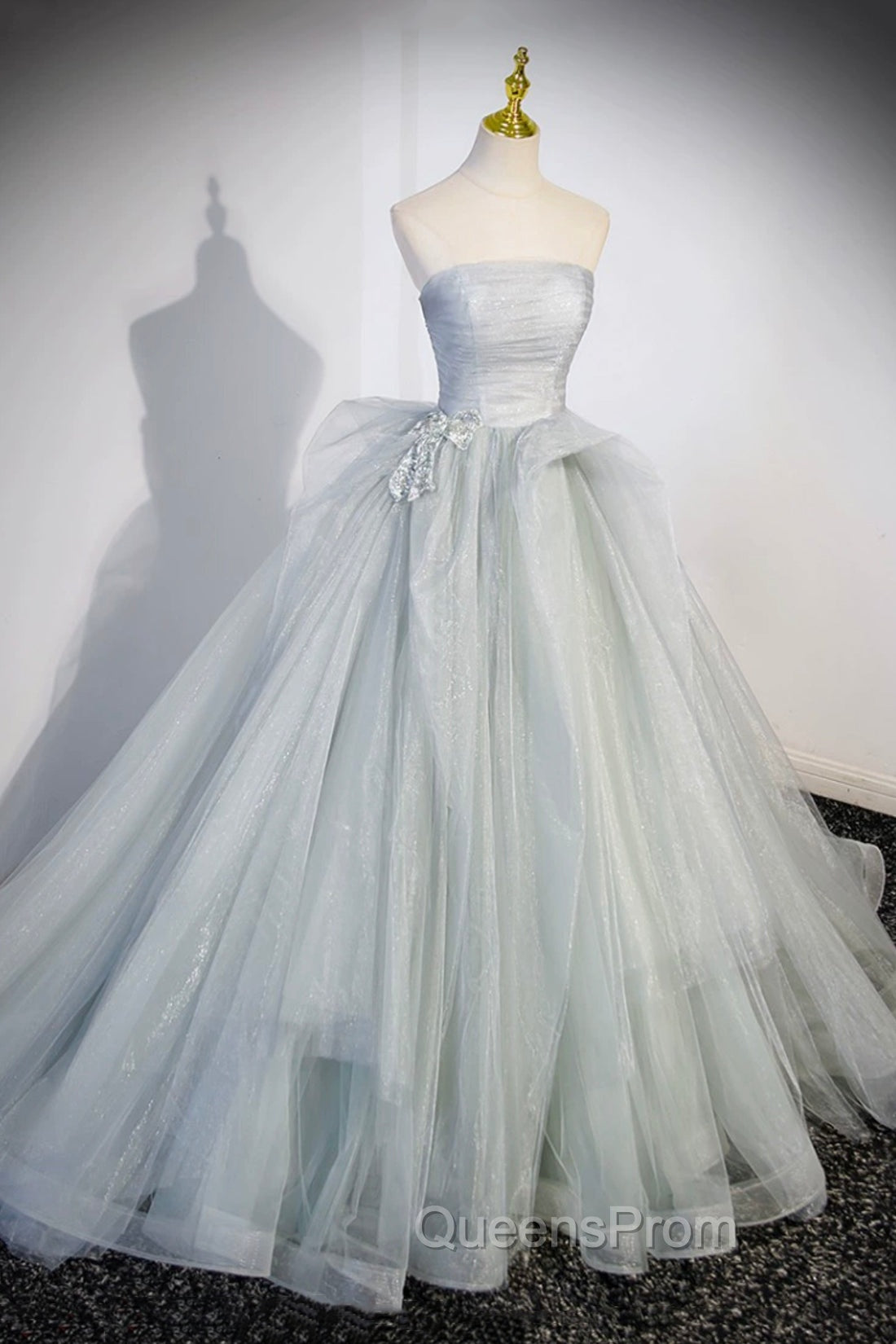 Gray Strapless Long Evening Dress, Gray Tulle Evening Dress Party Dress