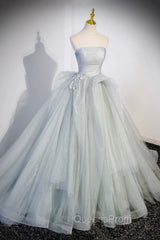 Gray Strapless Long Evening Dress, Gray Tulle Evening Dress Party Dress