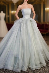 Gray Strapless Long Evening Dress, Gray Tulle Evening Dress Party Dress