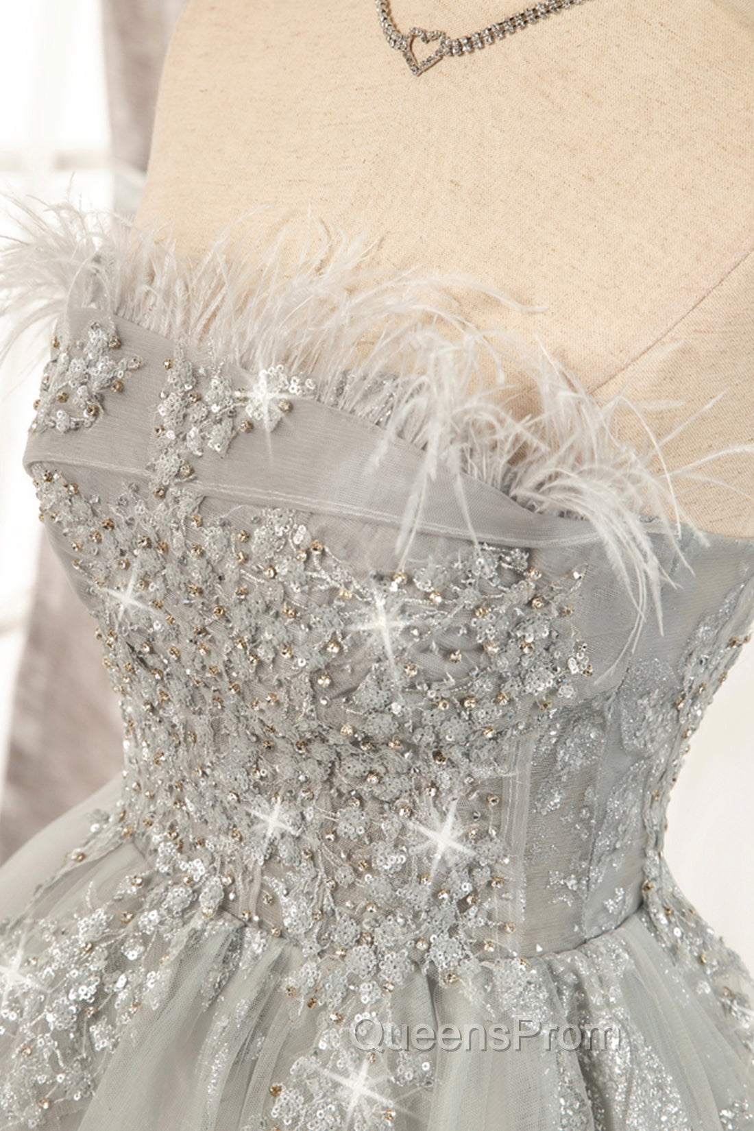 Gray Strapless Tulle Short Evening Prom Dress with Sequins, Cute A-Line Party Dress