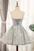 Gray Strapless Tulle Short Evening Prom Dress with Sequins, Cute A-Line Party Dress