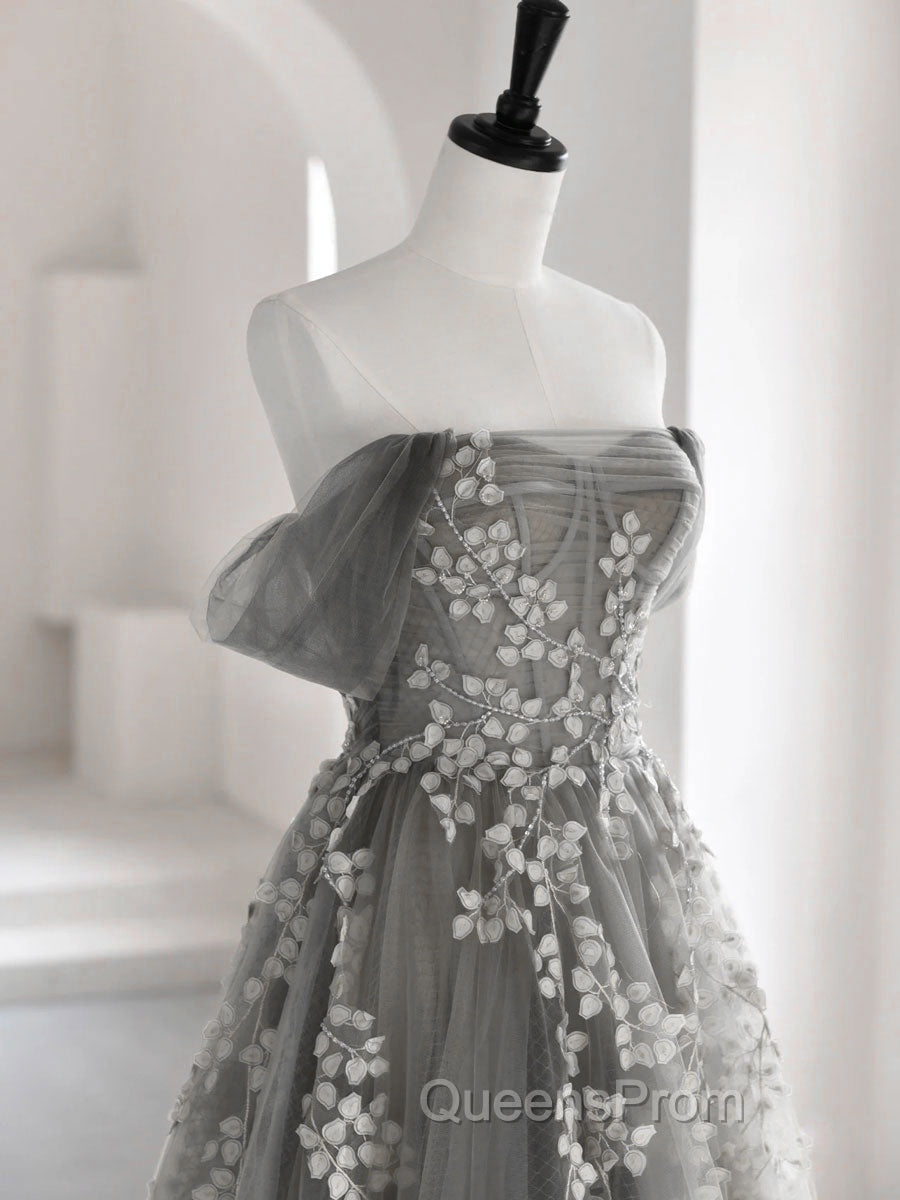 Gray Sweetheart Neck A line Lace Long Evening Prom Dress, Gray Evening Dress
