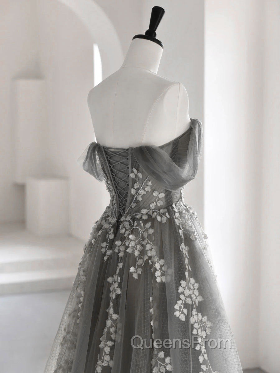 Gray Sweetheart Neck A line Lace Long Evening Prom Dress, Gray Evening Dress Secondary image