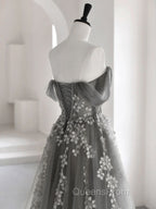 Gray Sweetheart Neck A line Lace Long Evening Prom Dress, Gray Evening Dress