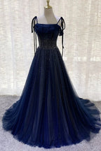 Dark Blue Gorgeous Shiny Sequins Long Elegant Tulle Ball Gown Classy Evening Dress