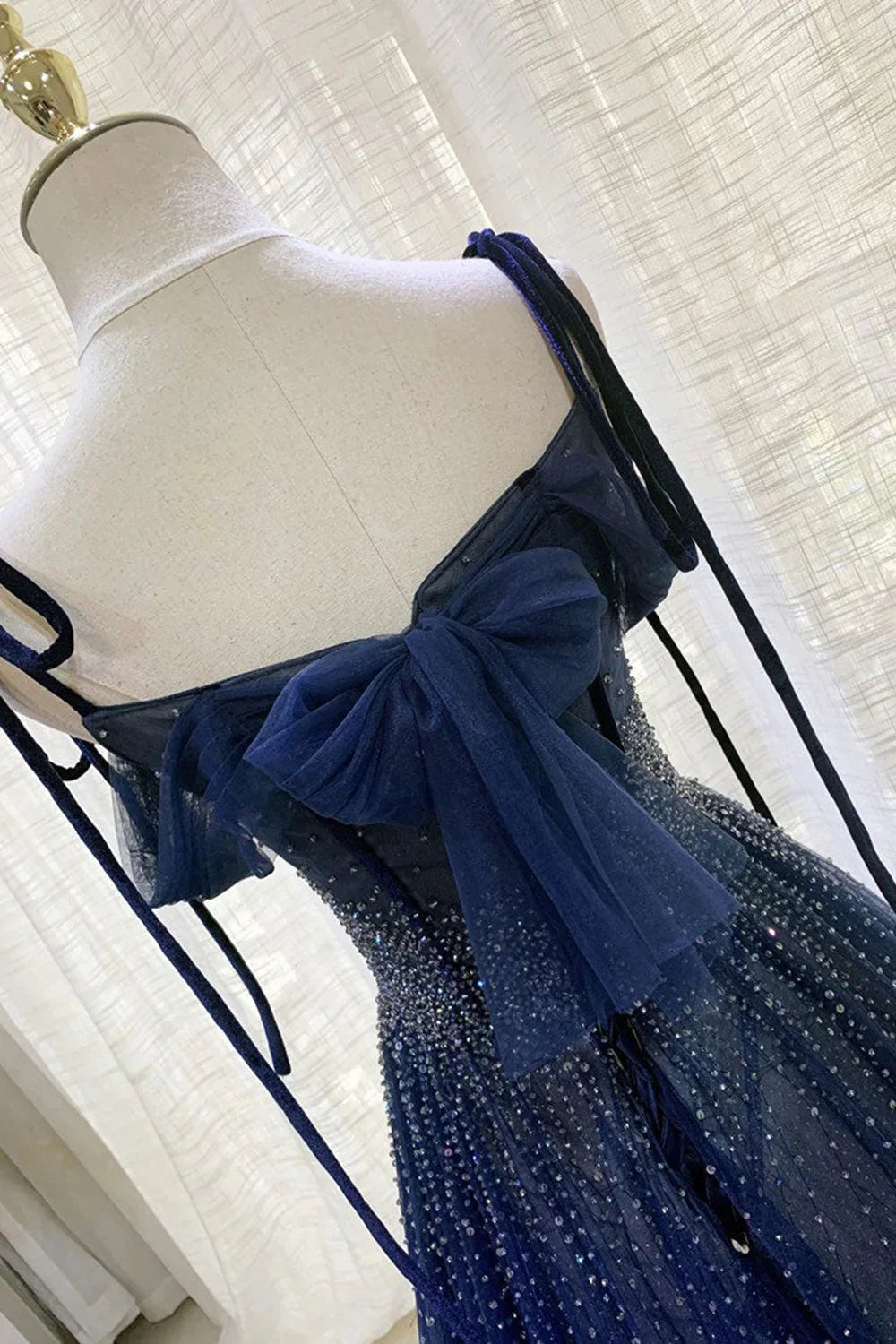 Dark Blue Gorgeous Shiny Sequins Long Elegant Tulle Ball Gown Classy Evening Dress