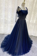 Dark Blue Gorgeous Shiny Sequins Long Elegant Tulle Ball Gown Classy Evening Dress
