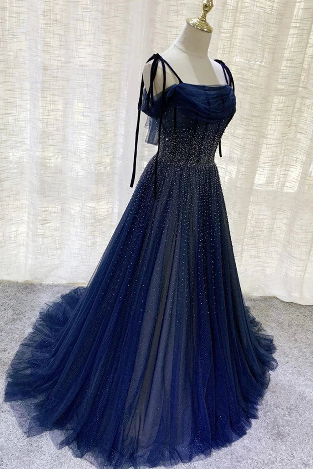 Dark Blue Gorgeous Shiny Sequins Long Elegant Tulle Ball Gown Classy Evening Dress