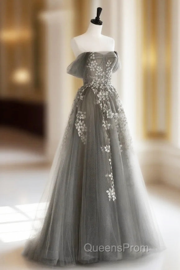 Gray Sweetheart Neck A line Lace Long Evening Prom Dress, Gray Evening Dress Main image