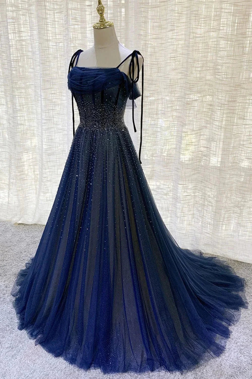 Dark Blue Gorgeous Shiny Sequins Long Elegant Tulle Ball Gown Classy Evening Dress