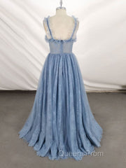 Gray Sweetheart Neck Tulle Lace Long Evening Prom Dress Blue Evening Dress