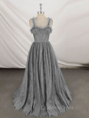 Gray Sweetheart Neck Tulle Lace Long Evening Prom Dress Blue Evening Dress