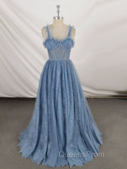 Gray Sweetheart Neck Tulle Lace Long Evening Prom Dress Blue Evening Dress