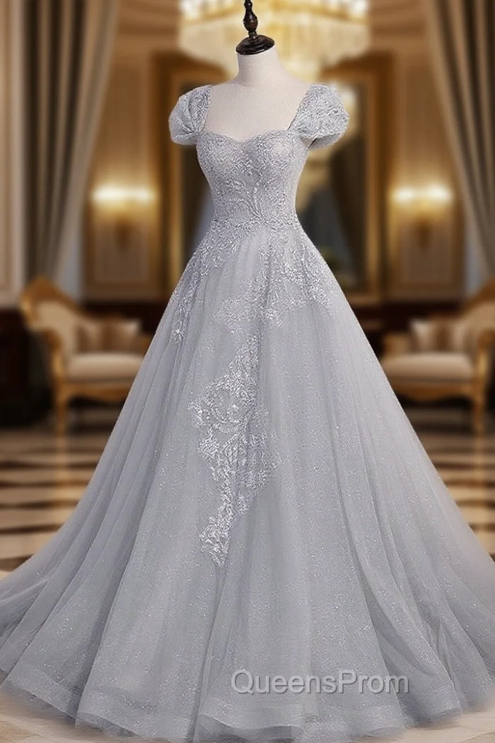 Gray Sweetheart Neck Tulle Lace Long Evening Prom Dress, Gray Evening Dress