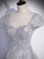 Gray Sweetheart Neck Tulle Lace Long Evening Prom Dress, Gray Evening Dress