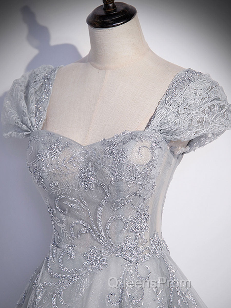 Gray Sweetheart Neck Tulle Lace Long Evening Prom Dress, Gray Evening Dress