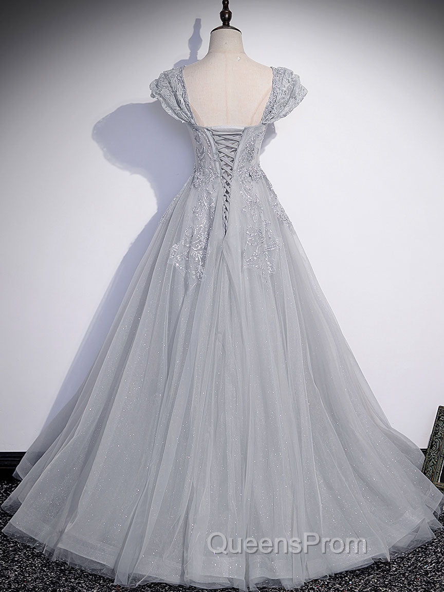 Gray Sweetheart Neck Tulle Lace Long Evening Prom Dress, Gray Evening Dress
