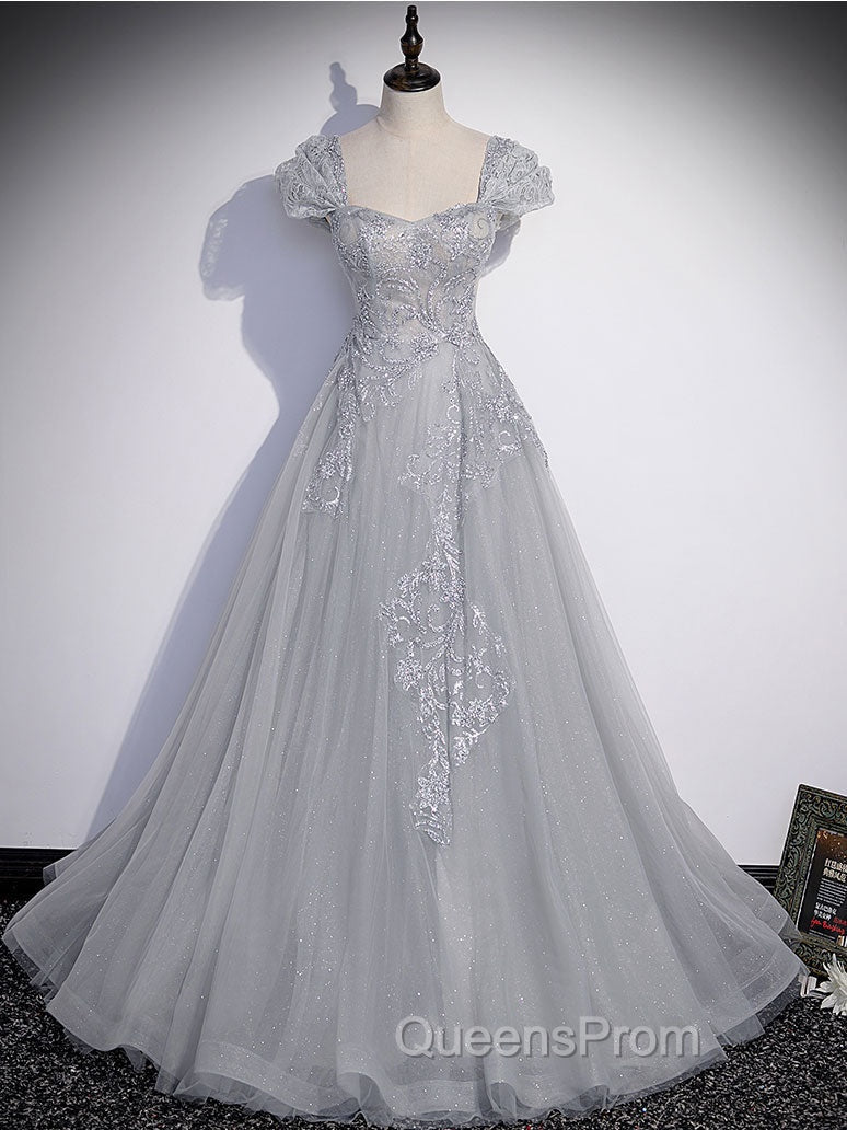 Gray Sweetheart Neck Tulle Lace Long Evening Prom Dress, Gray Evening Dress Secondary image