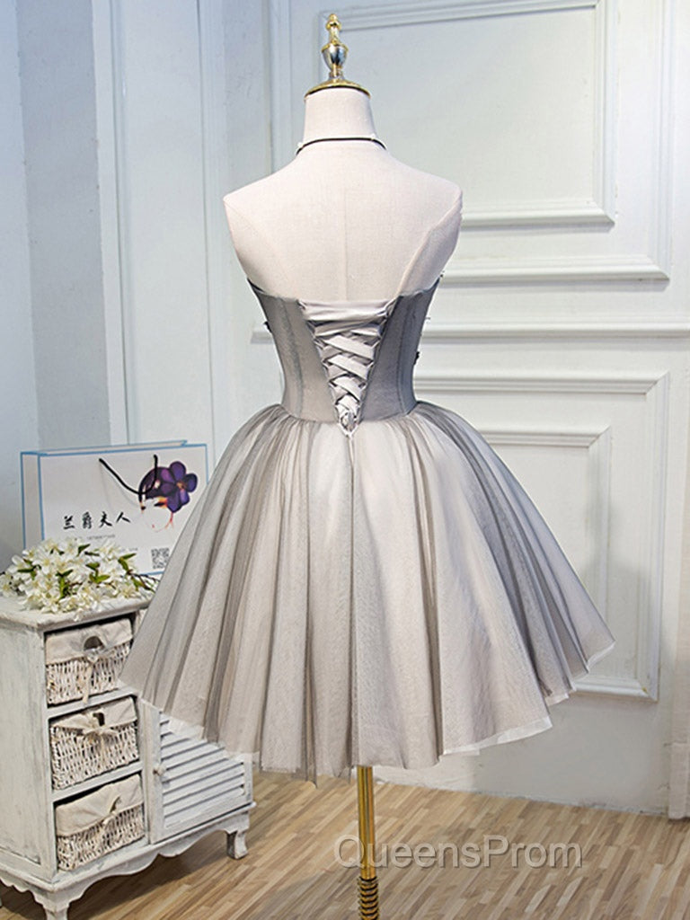 Gray Sweetheart Neck Tulle Lace Short Evening Prom Dress, Cute Homecoming Dress