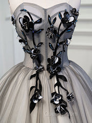 Gray Sweetheart Neck Tulle Lace Short Evening Prom Dress, Cute Homecoming Dress