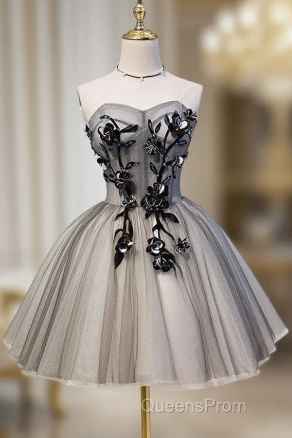 Gray Sweetheart Neck Tulle Lace Short Evening Prom Dress, Cute Homecoming Dress Main image