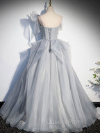 Gray Sweetheart Tulle Long Evening Prom Dress, Gray Evening Dress