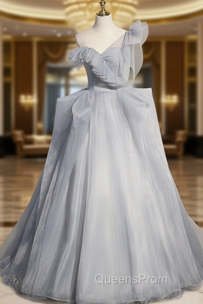 Gray Sweetheart Tulle Long Evening Prom Dress, Gray Evening Dress