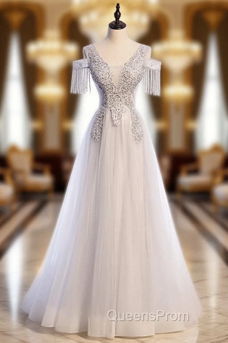 Gray Tulle Appliques Beading V-neck Evening Prom Dress