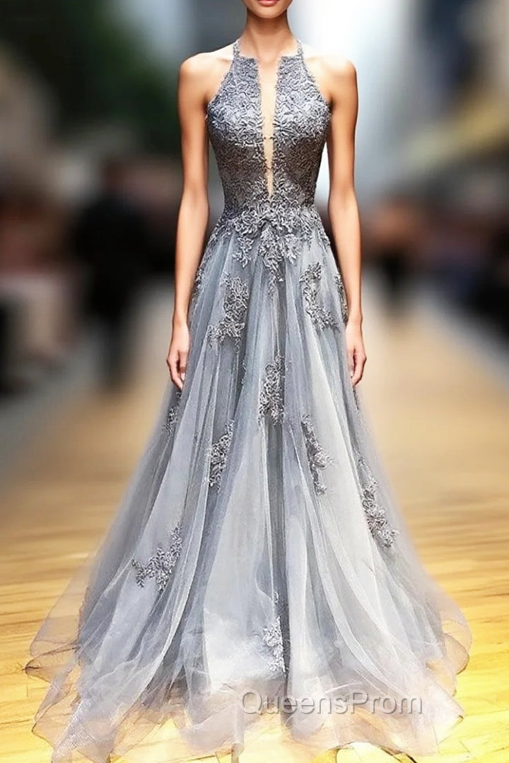 Gray Tulle Appliques Halter Backless Evening Prom Dress Main image