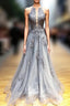 Gray Tulle Appliques Halter Backless Evening Prom Dress